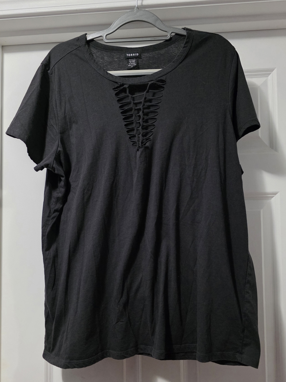torrid Black Short Sleeve Tee with Ladder V-Neck Detail